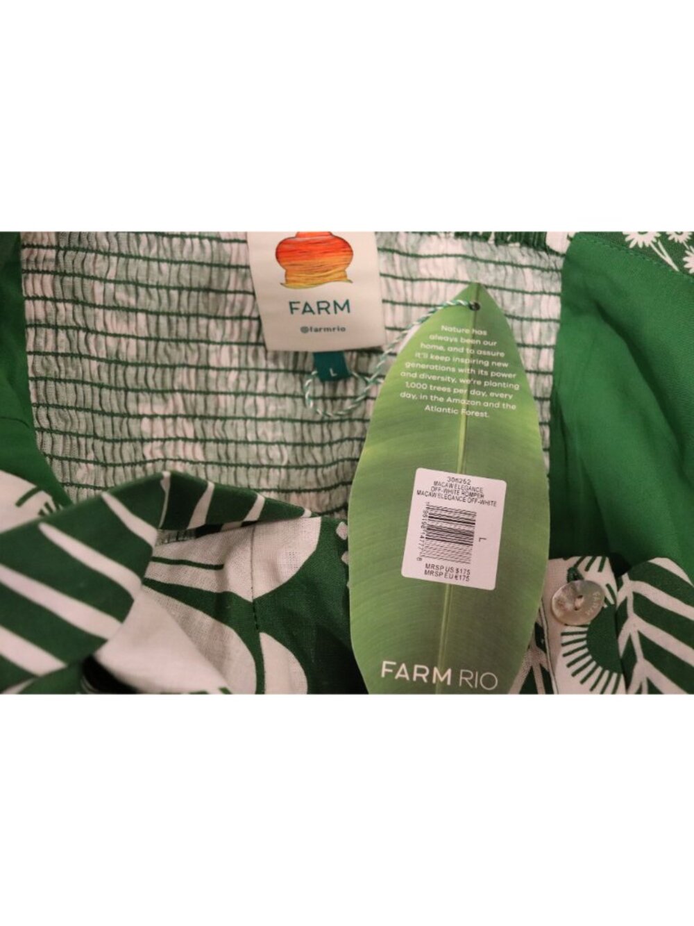 Farm Rio Macaw Elegance Off-White & Green Linen Romper, Large NWT - Picture 4 of 5